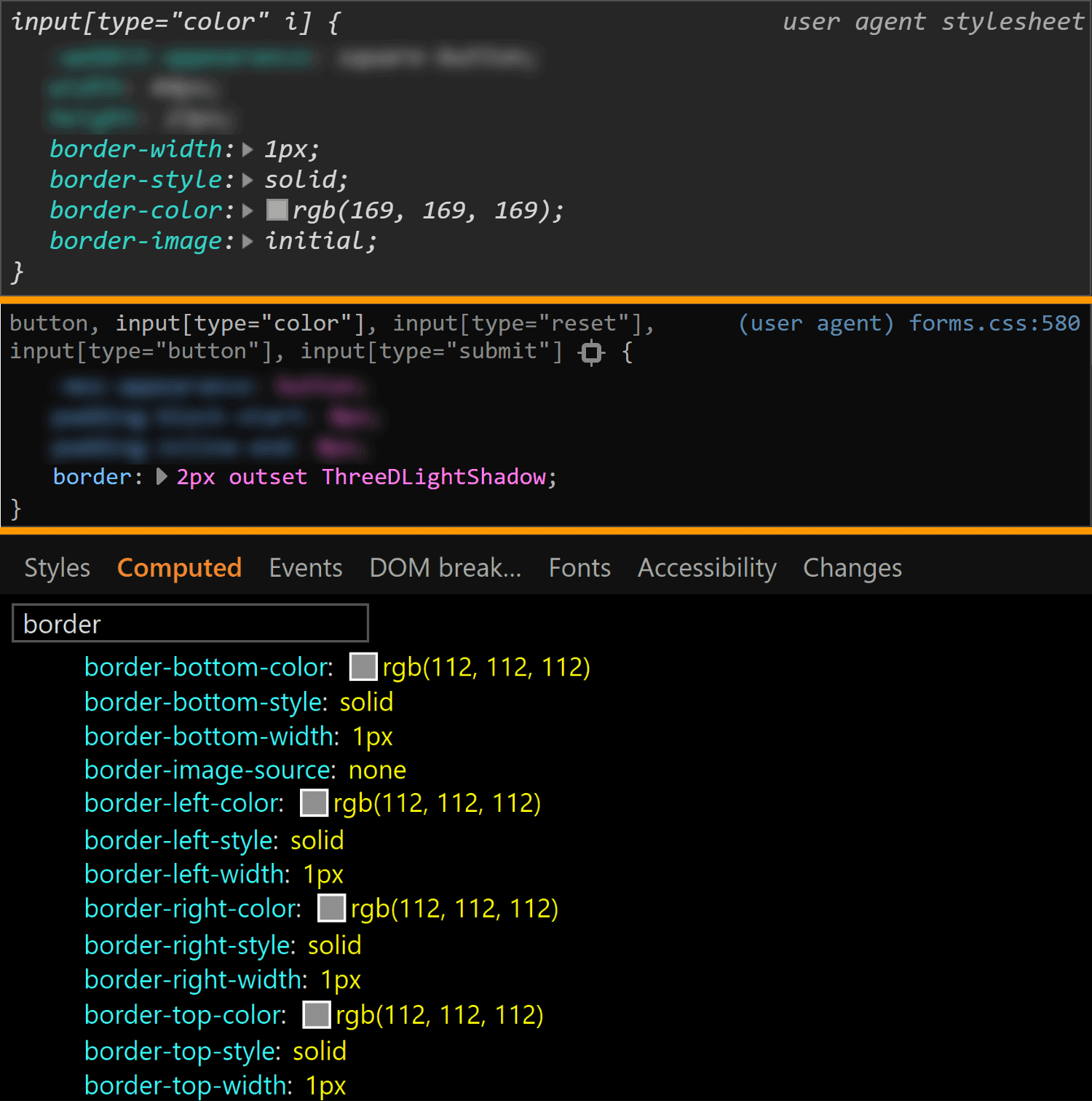 Comparative screenshots of DevTools in the three browsers showing the border values for the actual input.