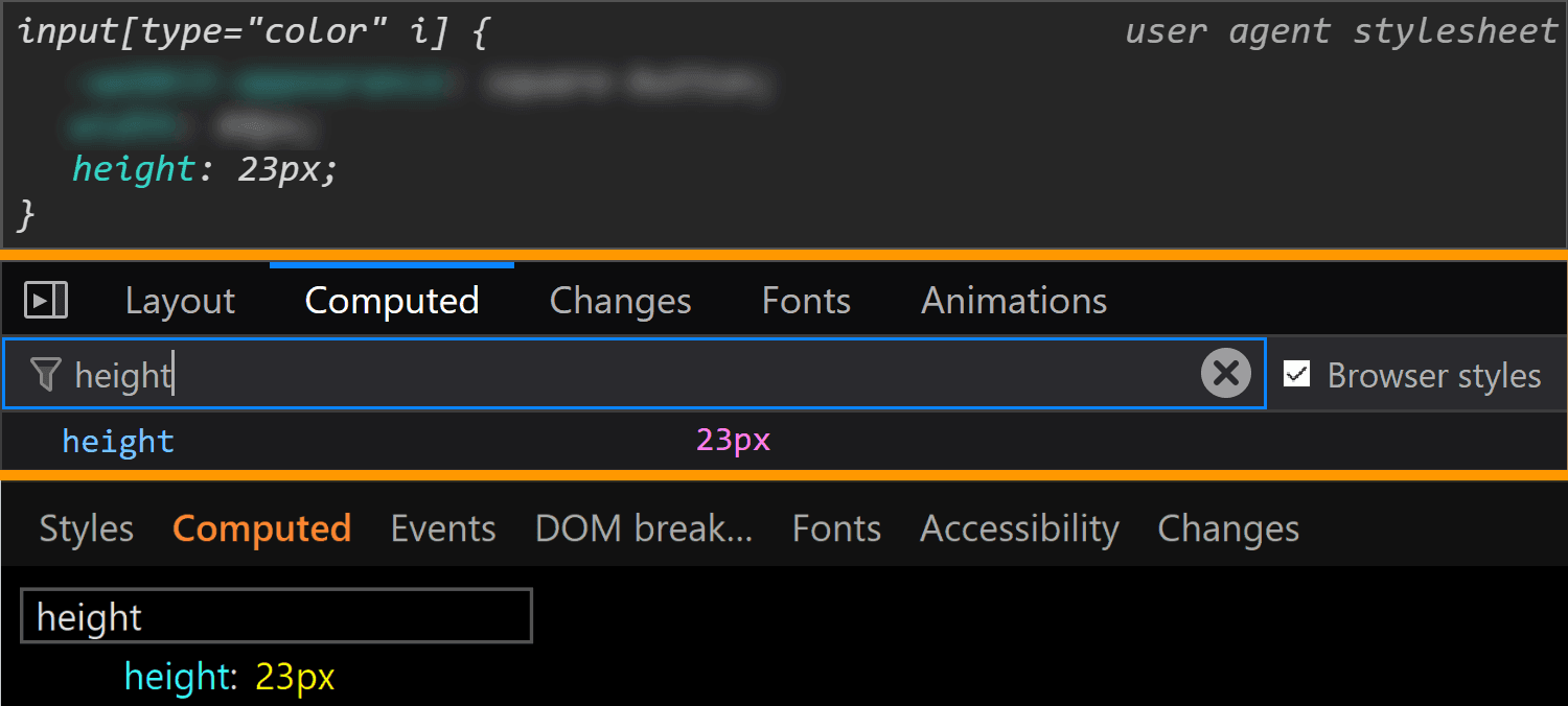 Comparative screenshots of DevTools in the three browsers showing the height values for the actual input.