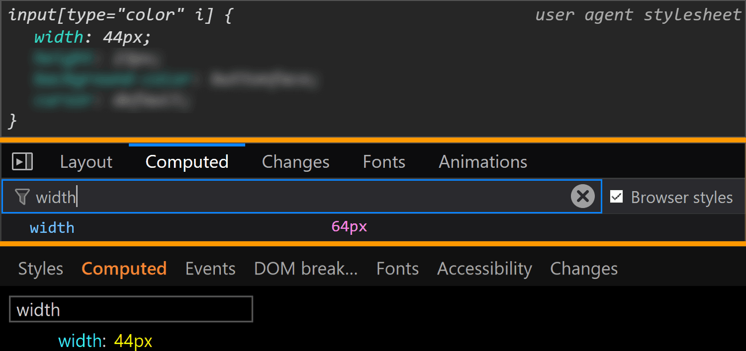 Comparative screenshots of DevTools in the three browsers showing the width values for the actual input.