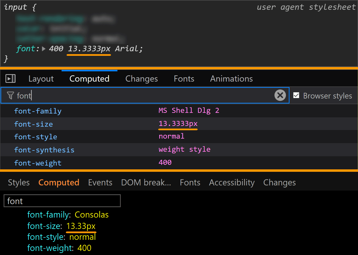 Comparative screenshots of DevTools in the three browsers showing the font values for the actual input.