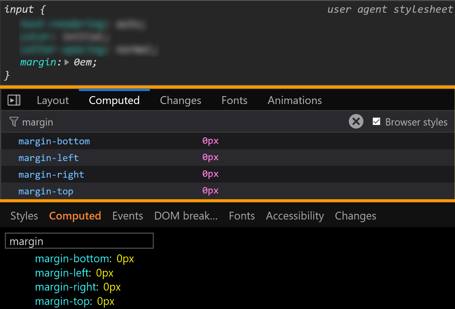 Comparative screenshots of DevTools in the three browsers showing the margin values for the actual input.