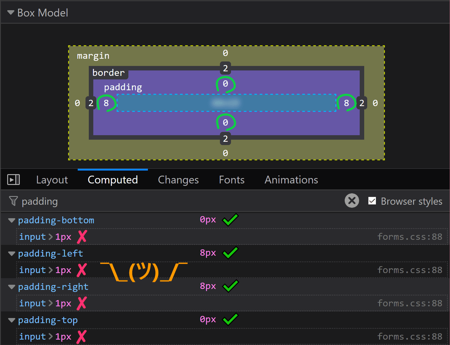 Screenshot of Firefox DevTools showing how the computed padding value on <input type='color'></noscript> isn’t the one that was set on input, even if no override seems to be happening.”><figcaption>Computed value for <code>padding</code> in Firefox doesn’t match the value that was set on input.</figcaption></figure><p>Now, if you’ve actually tried inspecting a color input, took a close look at the styles set on it, and your brain works differently than mine (meaning you do read what’s in front of you and don’t just scan for the one thing that interests you, completely ignoring everything else…) then you’ve probably noticed there is something overriding the <code>1px</code> padding (and <a href=