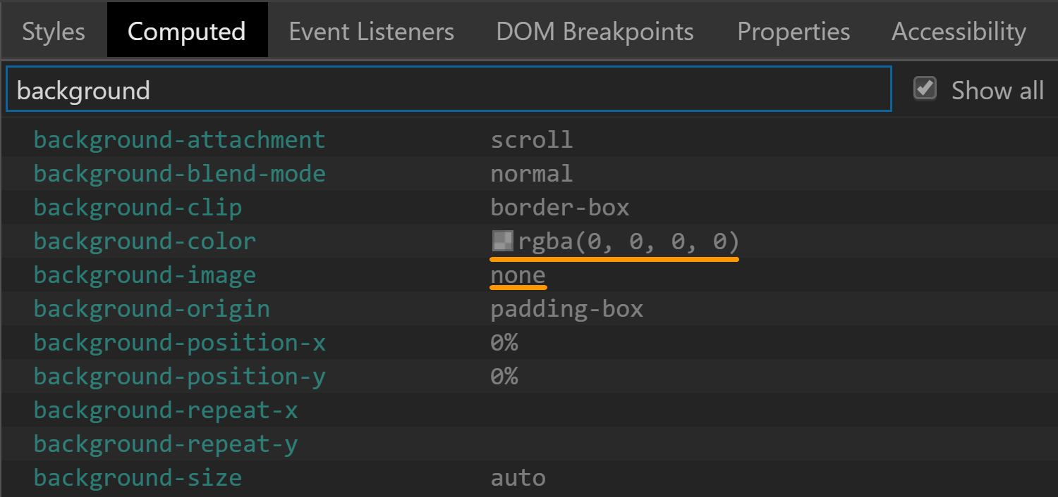 Chrome DevTools screenshot showing the background values for the swatch wrapper.