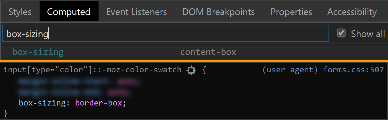 Comparative screenshots of DevTools in the two browsers showing the computed values of box-sizing for the swatch component.