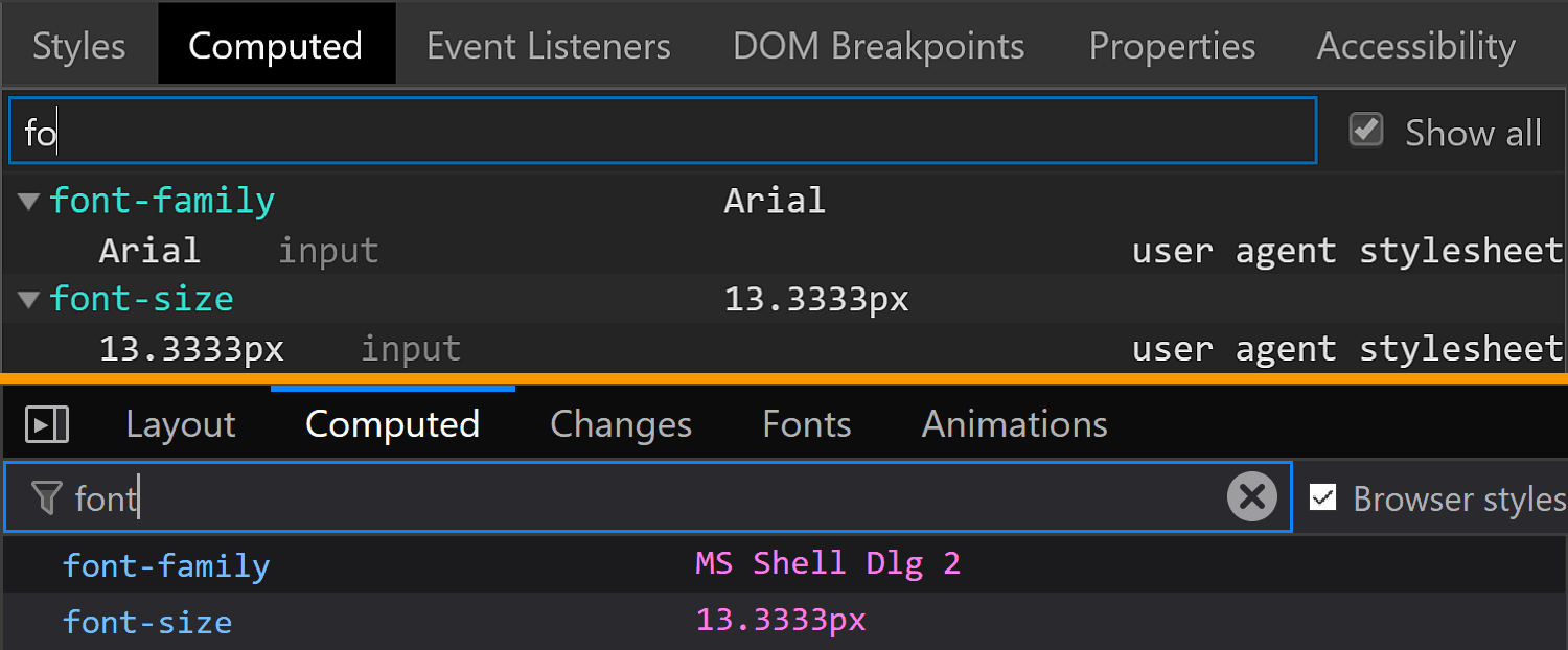 Comparative screenshots of DevTools in the two browsers showing the computed values of font-size for the swatch component.