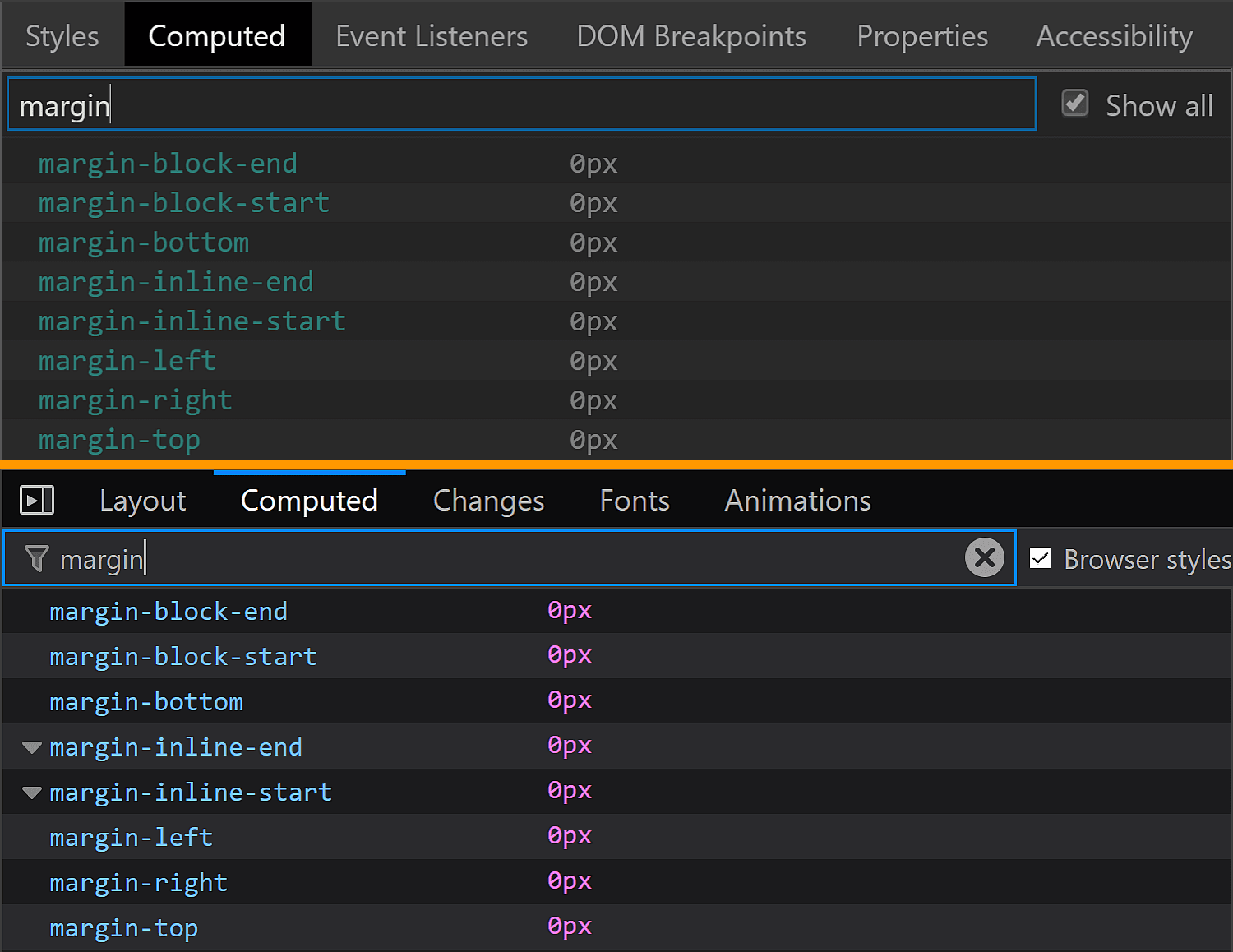 Comparative screenshots of DevTools in the two browsers showing the computed values of margin for the swatch component.