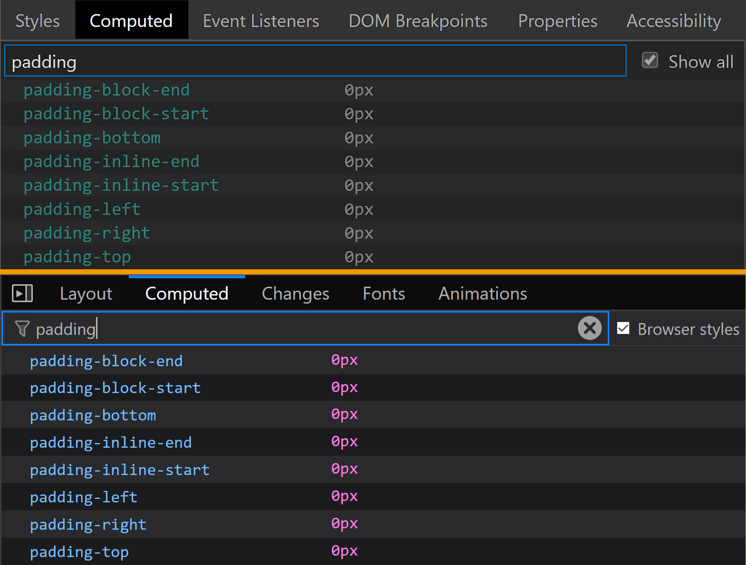 Comparative screenshots of DevTools in the two browsers showing the computed values of padding for the swatch component.