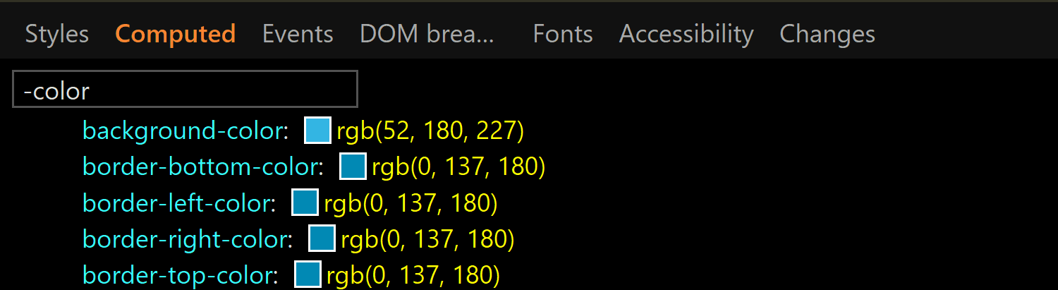 Screenshot of Edge DevTools showing the computed value for background-color and border-color in the :active state.