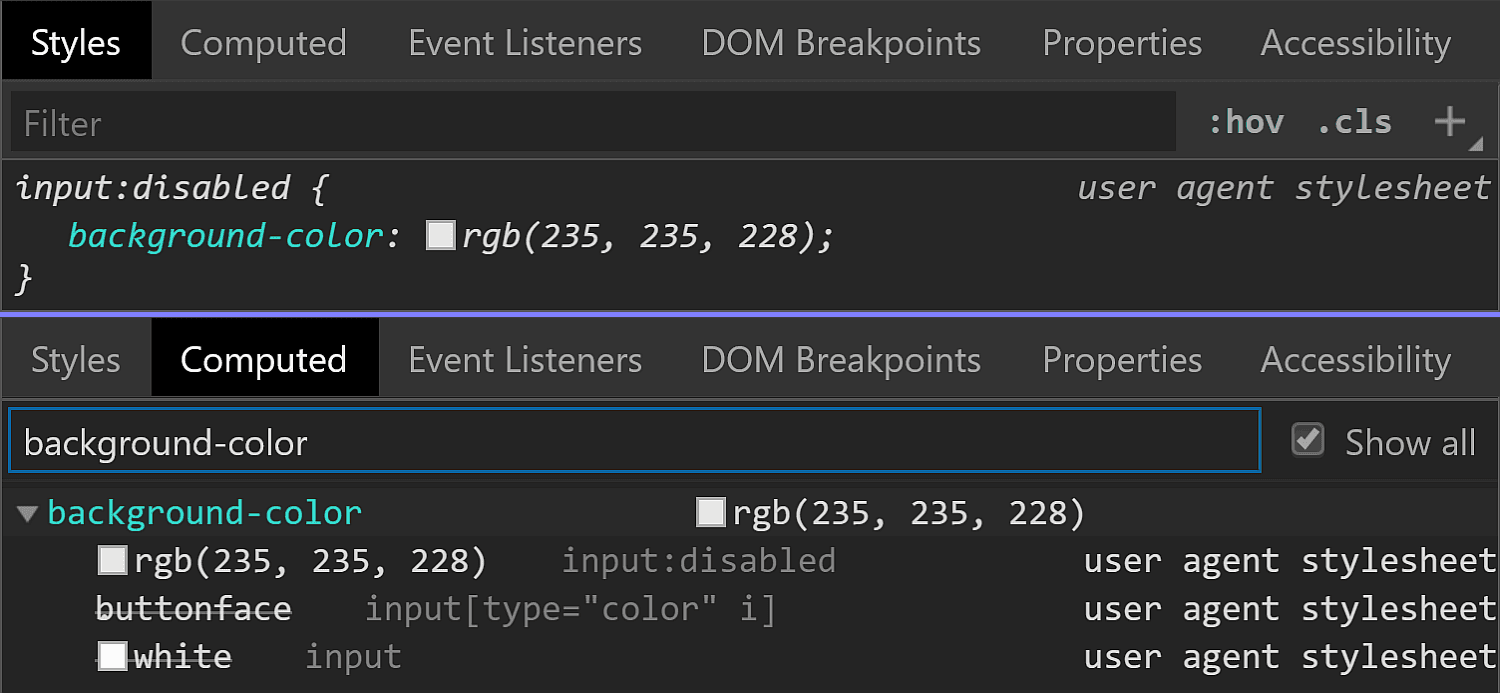 Chrome DevTools screenshot showing the background being set to rgb(235, 235, 228) for a :disabled input.