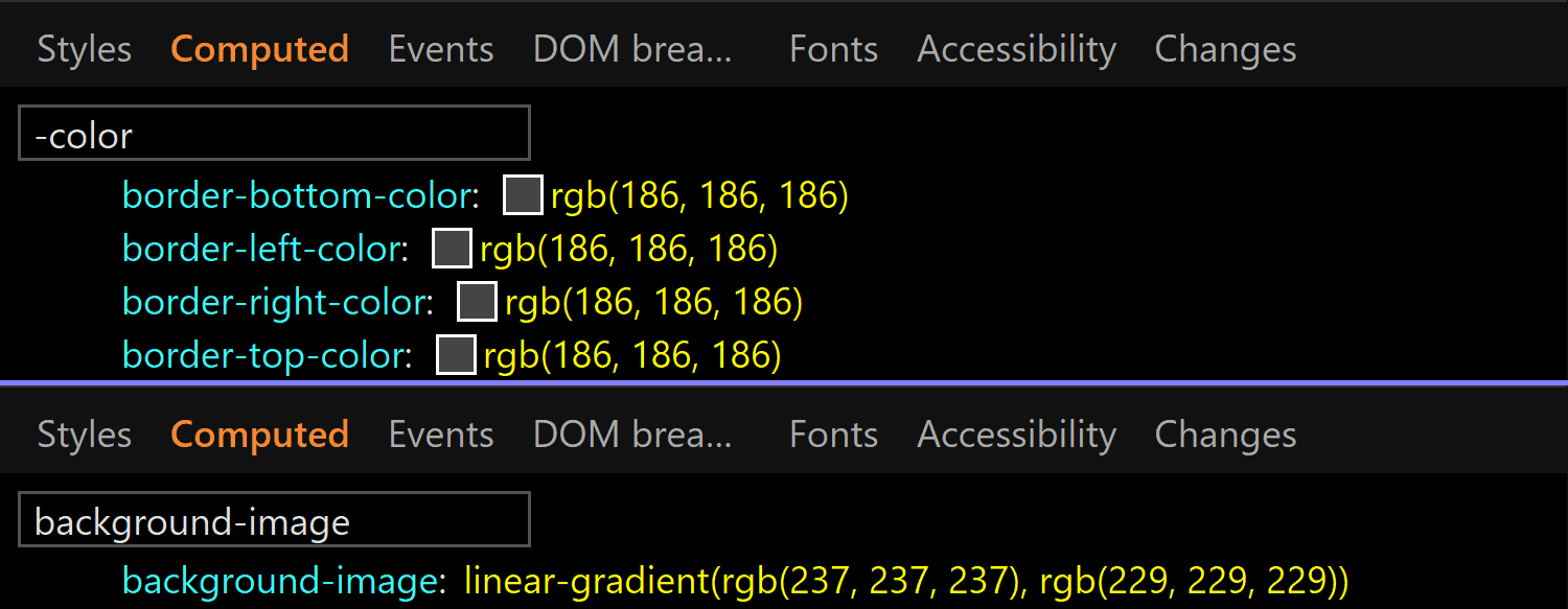 Chrome DevTools screenshot showing border-color and the background-image being set to slightly different values for a :disabled input.