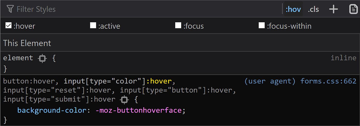 Screenshot of Firefox DevTools showing the rule set that shows up for the :hover state.