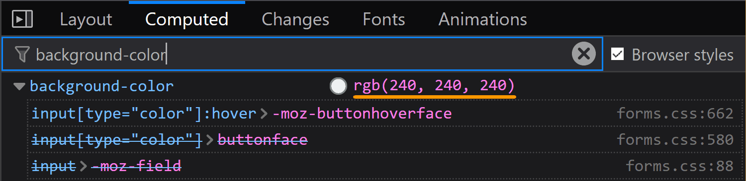 Screenshot of Firefox DevTools showing the computed value for background-color in the :hover state.