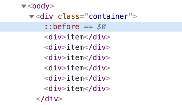 DevTools with a ::before element selected