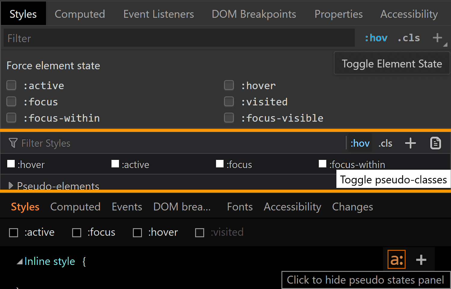 Screenshot collage highlighting the buttons that bring up the states panel in Chrome, Firefox and Edge.