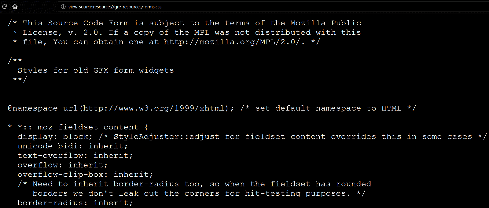 Screenshot showing view-source:resource://gre-resources/forms.css open in Firefox to allow us seeing user agent styles for form elements.